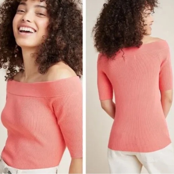 Anthropologie Tops - Anthropologie Women XS Coral Ribbed Classic Minuet Off The Shoulder Knit Top